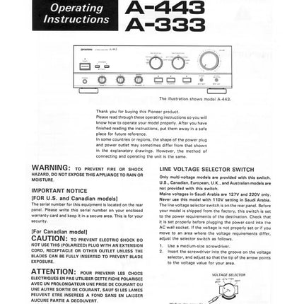 Pioneer A-333 Amplifier Owners Manual