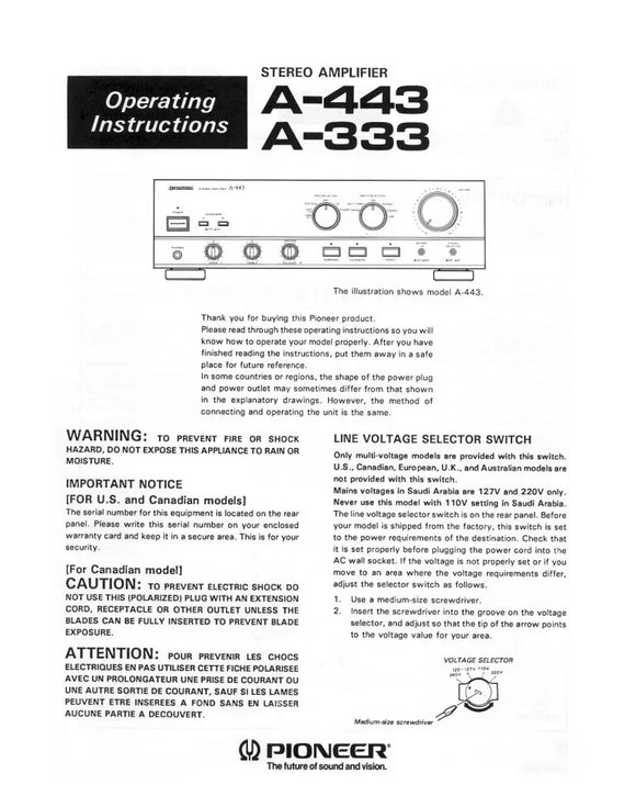 Pioneer A-333 Amplifier Owners Manual