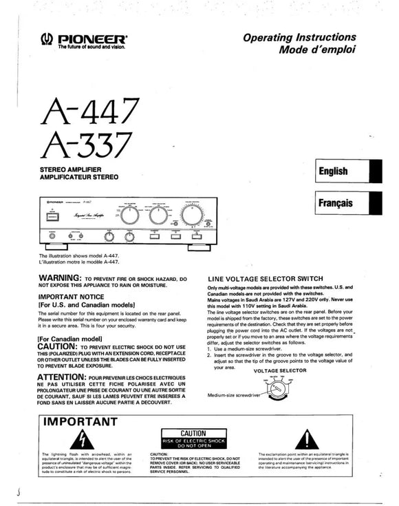 Pioneer A-337 Amplifier Owners Manual