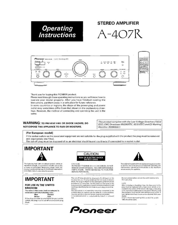 Pioneer A-407R Amplifier Owners Manual