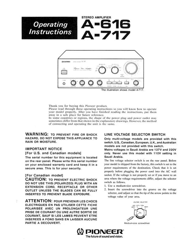 Pioneer A-616 Amplifier Owners Manual