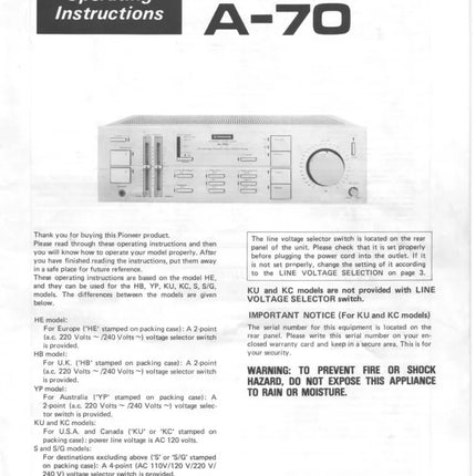 Pioneer A-70 Amplifier Owners Manual