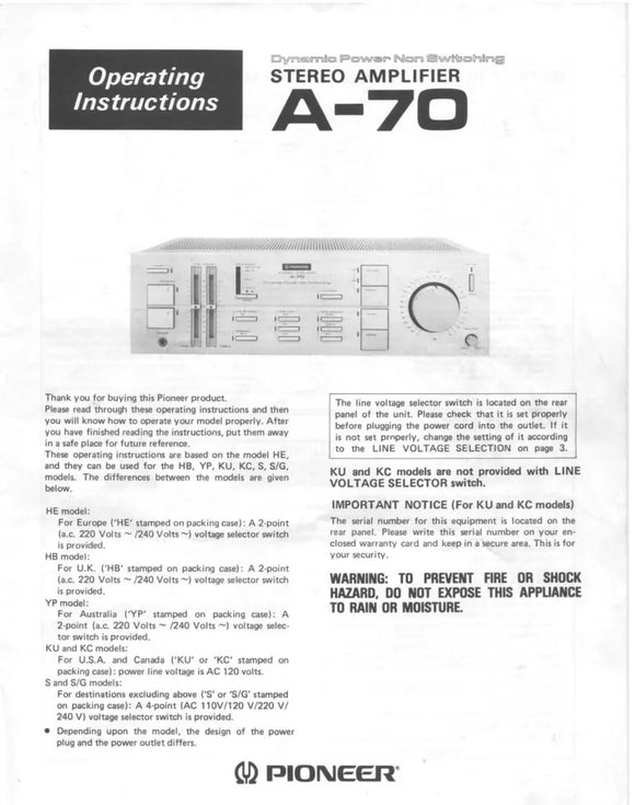 Pioneer A-70 Amplifier Owners Manual