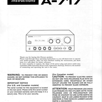 Pioneer A-717 Amplifier Owners Manual
