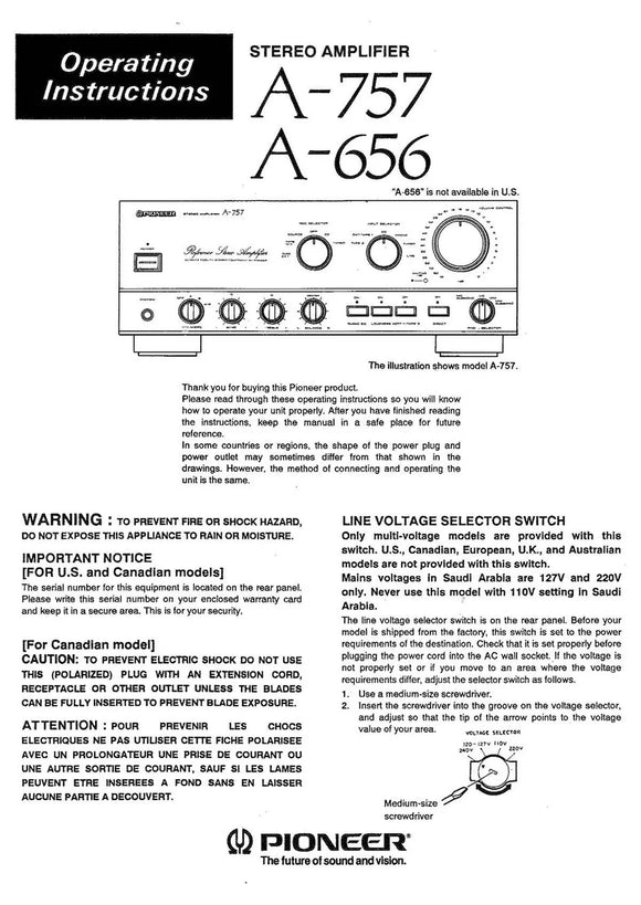 Pioneer A-757 Amplifier Owners Manual