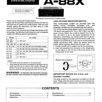 Pioneer A-88X Amplifier Owners Manual