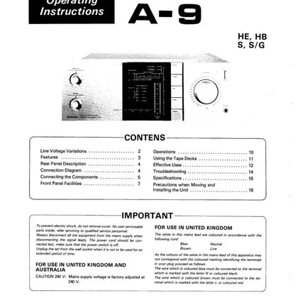 Pioneer A-9 Amplifier Owners Manual