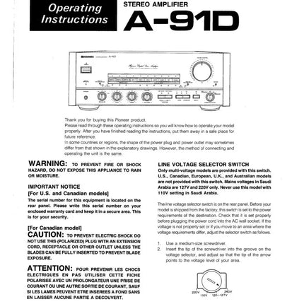 Pioneer A-91D Amplifier Owners Manual