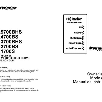 Pioneer AVH-X1700S AVH-X2700BS AVH-X3700BHS AVH-X4700BS AVH-X5700BHS Receiver Manual