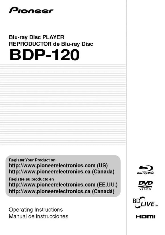 Pioneer BDP-120 Blu-ray Player Owners Manual