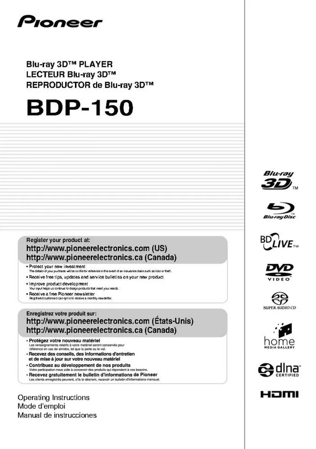 Pioneer BDP-150 Blu-ray Player Owners Manual