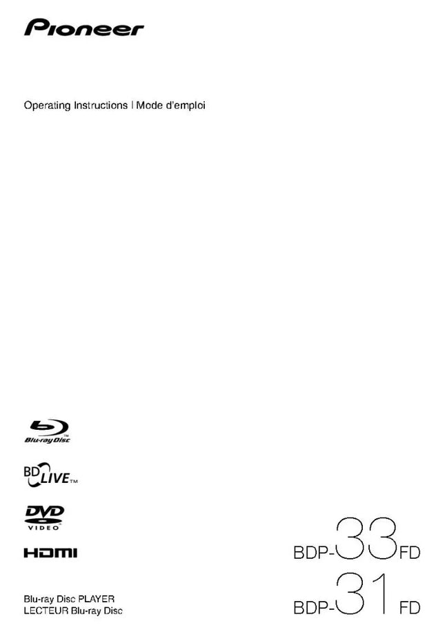 Pioneer BDP-31FD Blu-ray Player Owners Manual