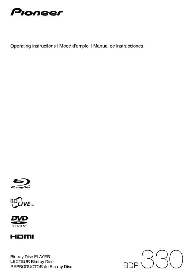 Pioneer BDP-330 Blu-ray Player Owners Manual