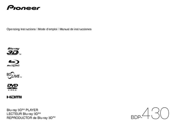 Pioneer BDP-430 Blu-ray Player Owners Manual