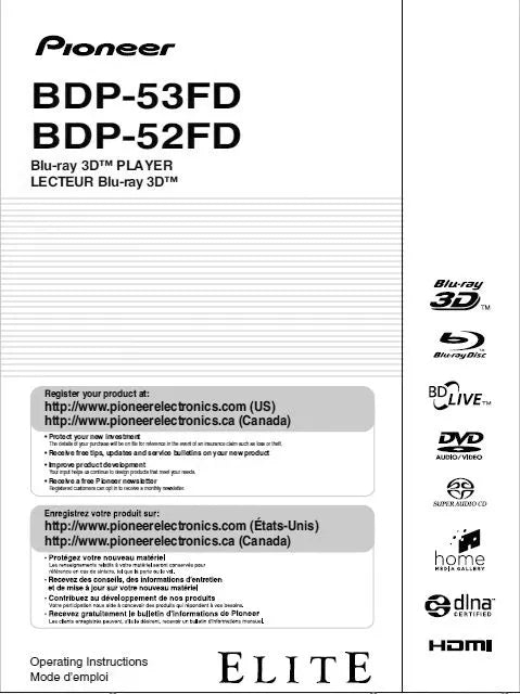 Pioneer BDP-53FD Blu-ray Player Owners Manual