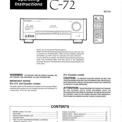 Pioneer C-72 Amplifier Owners Manual
