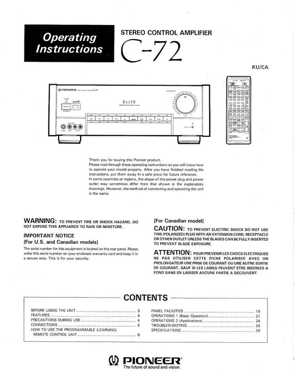 Pioneer C-72 Amplifier Owners Manual