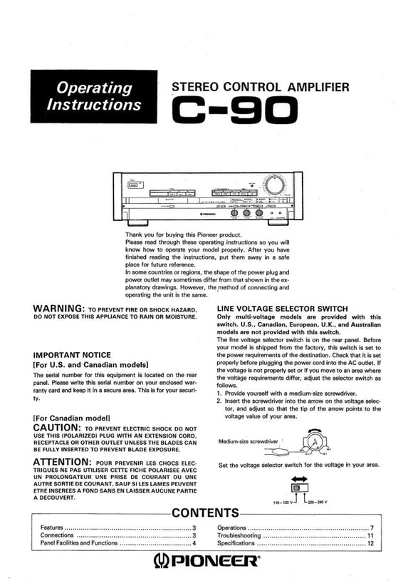 Pioneer C-90 Amplifier Owners Manual