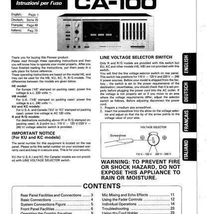 Pioneer CA-100 Amplifier Owners Manual
