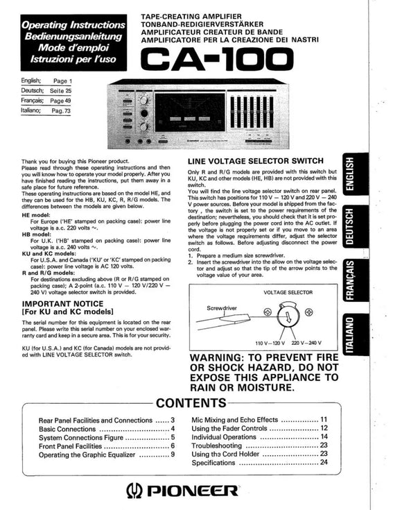 Pioneer CA-100 Amplifier Owners Manual