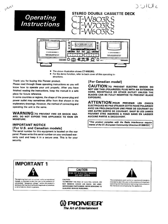 Pioneer CT-W703RS Cassette Player Owners Manual