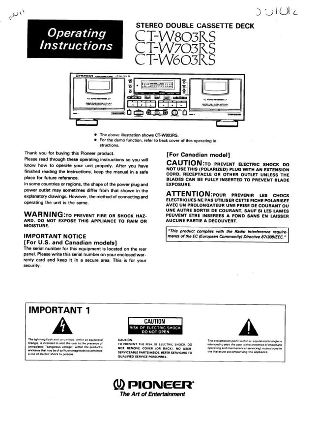 Pioneer CT-W803RS Cassette Player Owners Manual
