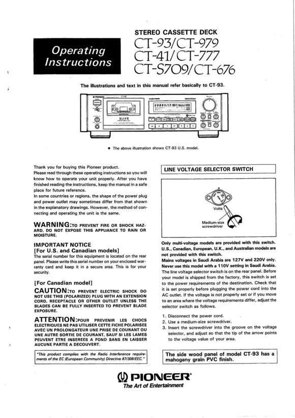 Pioneer CT777 Cassette Player Owners Manual