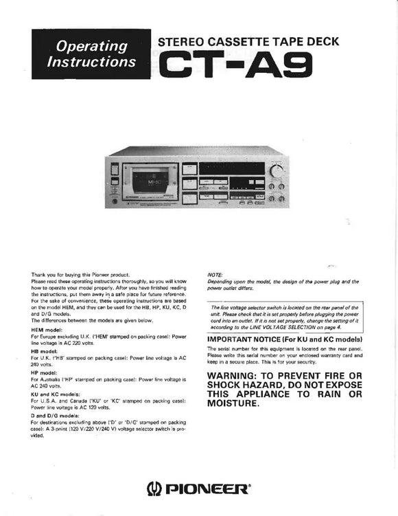 Pioneer CTA-9 Cassette Player Owners Manual