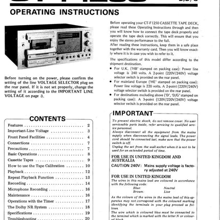 Pioneer CTF-1250 Cassette Player Owners Manual