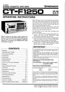 Pioneer CTF-1250 Cassette Player Owners Manual