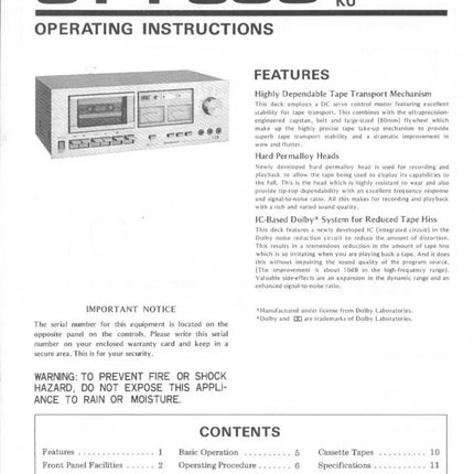 Pioneer CTF-500 Cassette Player Owners Manual