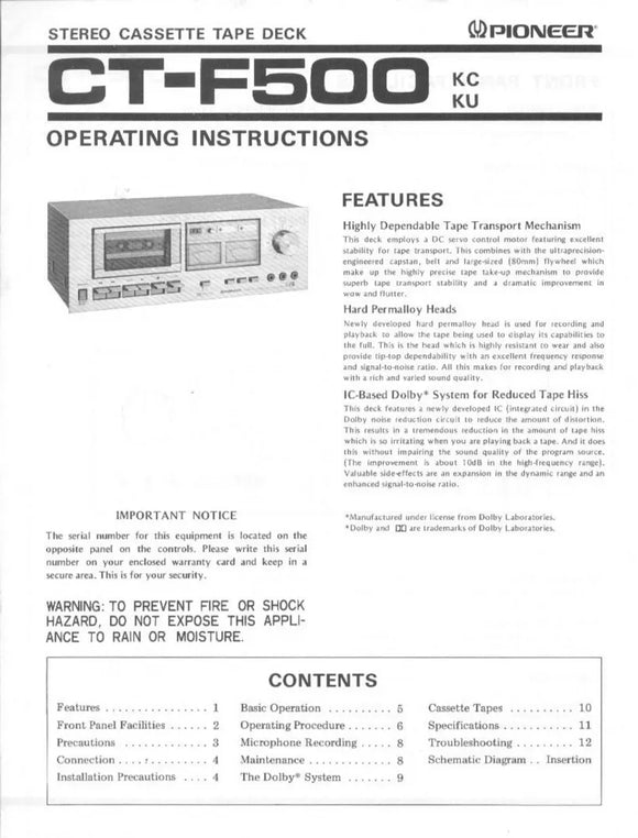 Pioneer CTF-500 Cassette Player Owners Manual