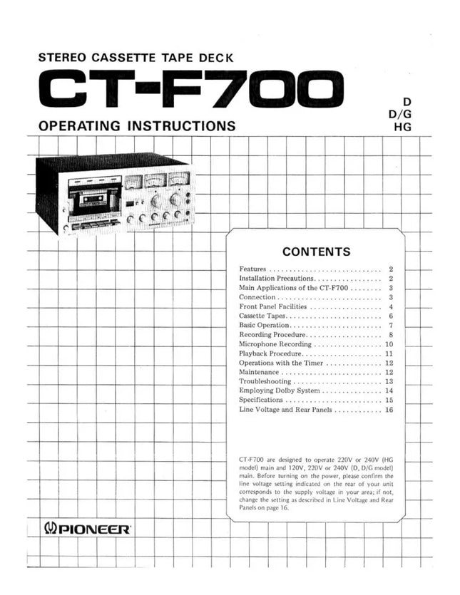 Pioneer CTF-700 Cassette Player Owners Manual