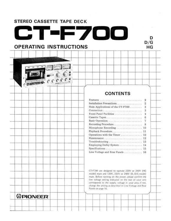 Pioneer CTF-700 Cassette Player Owners Manual