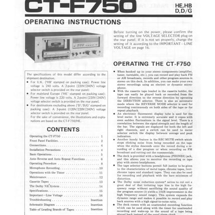 Pioneer CTF-750 Cassette Player Owners Manual