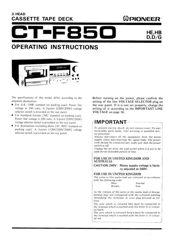 Pioneer CTF-850 Cassette Player Owners Manual