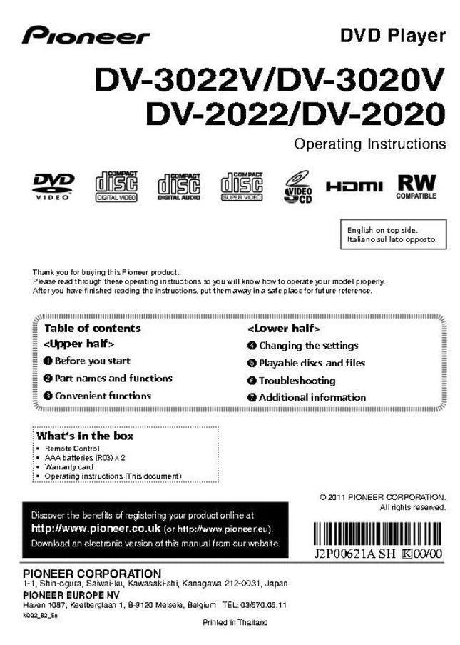 Pioneer DV-3022v DVD Player Owners Manual