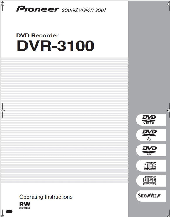 Pioneer DVR-3100 DVD Recorder Owners Manual