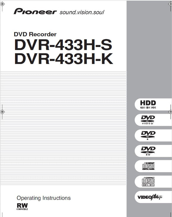 Pioneer DVR-433H-K DVD Recorder Owners Manual