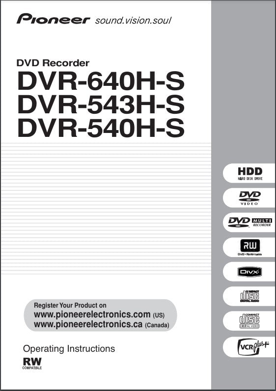 Pioneer DVR-540H-S DVD Recorder Owners Manual