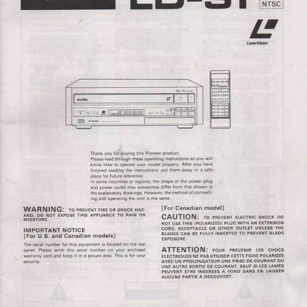 Pioneer LD-S1 Laser Disc Player Owners Instruction Manual