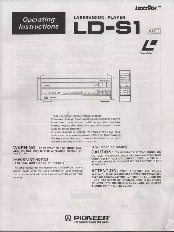 Pioneer LD-S1 Laser Disc Player Owners Instruction Manual