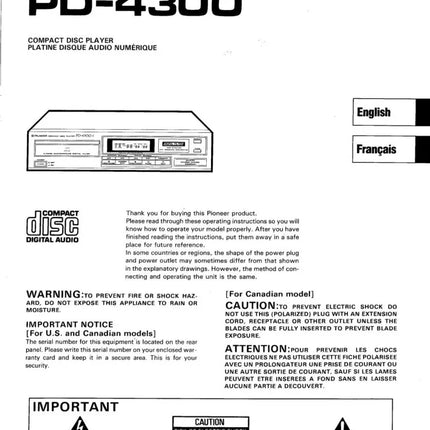Pioneer PD-4300 CD Player Owners Manual