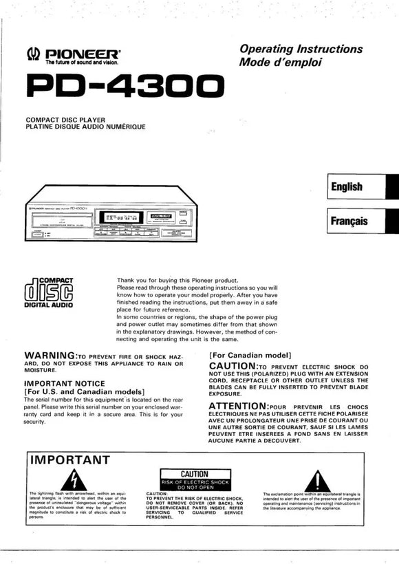 Pioneer PD-4300 CD Player Owners Manual