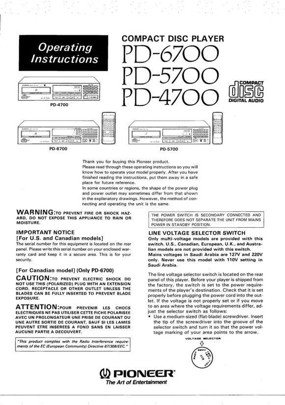 Pioneer PD-4700 CD Player Owners Manual