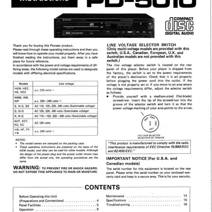 Pioneer PD-5010 CD Player Owners Manual