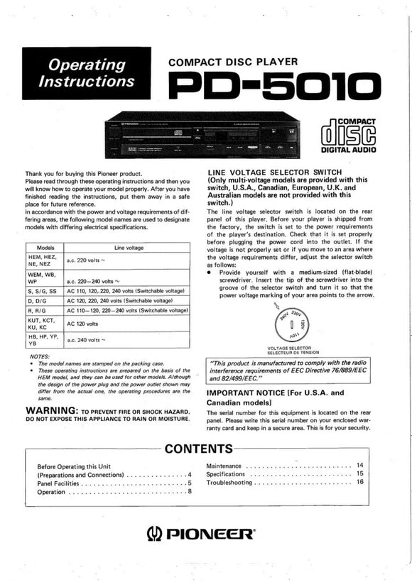 Pioneer PD-5010 CD Player Owners Manual