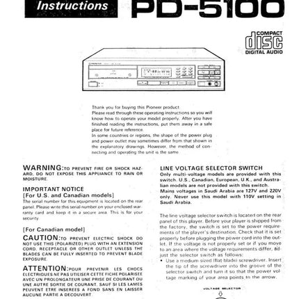 Pioneer PD-5100 CD Player Owners Manual