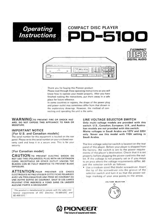 Pioneer PD-5100 CD Player Owners Manual