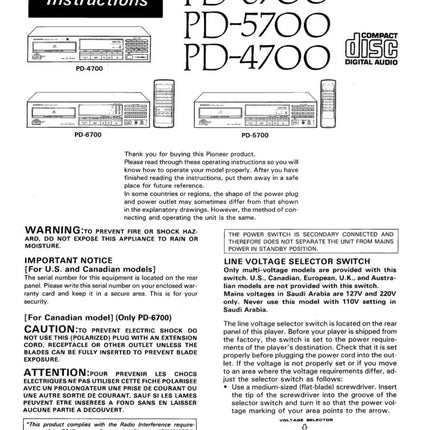 Pioneer PD-5700 CD Player Owners Manual